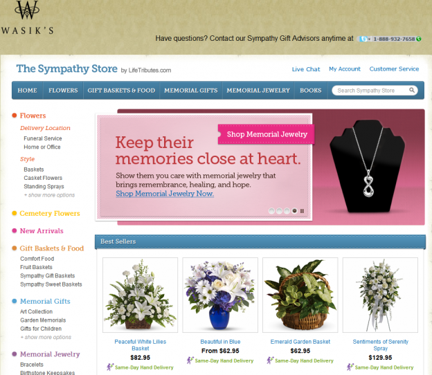 Example Sympathy Store on Wasik Funeral Home's Website