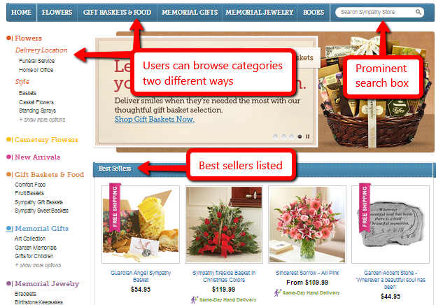 The f1Connect Sympathy Store leverages the use of categories to help website visitors easily sort through all the different products it offers. 