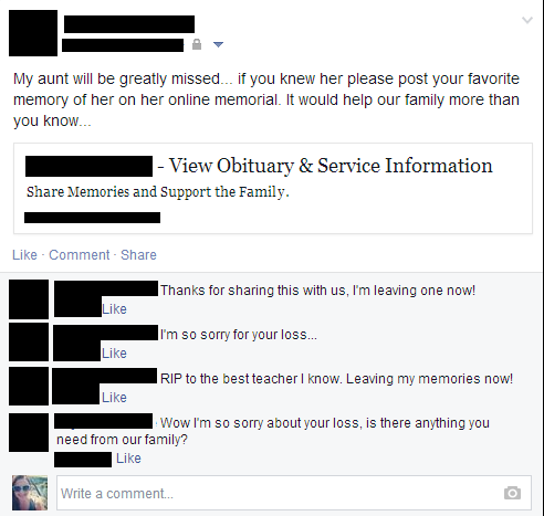  Here is an example of a social memorial website (provided by the f1Connect Website Platform) that was shared by a family member on Facebook. Sharing social memorial websites online will lead to more to traffic on your funeral home’s sympathy store. 