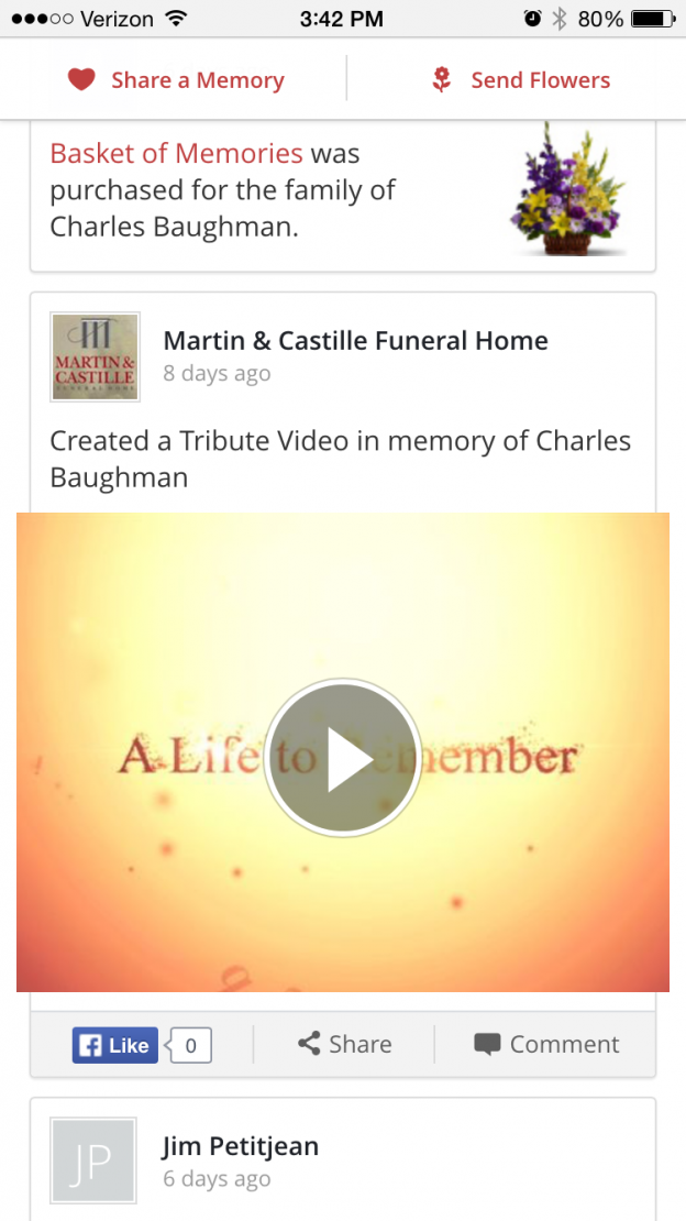 Martin & Castille Funeral Home makes all of the Life Tribute videos they create available right on their website. That way, when family and friends come to a loved one’s social memorial page, they are greeted with a powerful video that helps commemorate the memory of their loved one and creates an emotional connection.